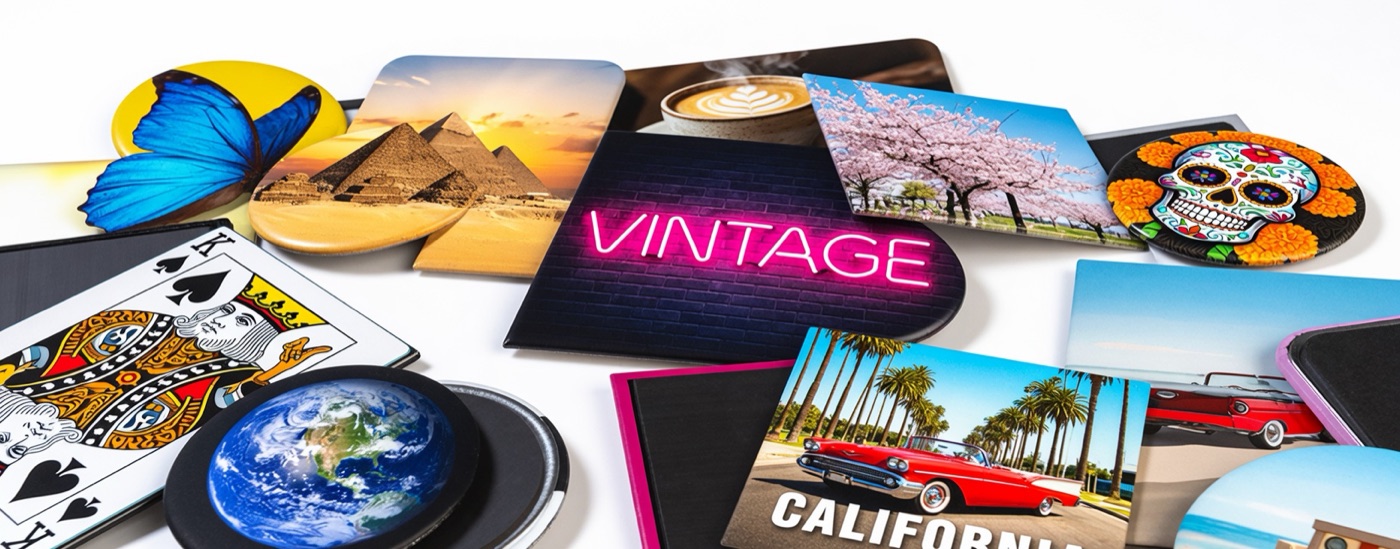 Colourful assortment of custom fridge magnets in many shapes and sizes
