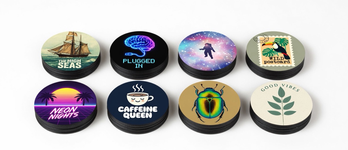 Stacks of glossy round button magnets with colourful designs